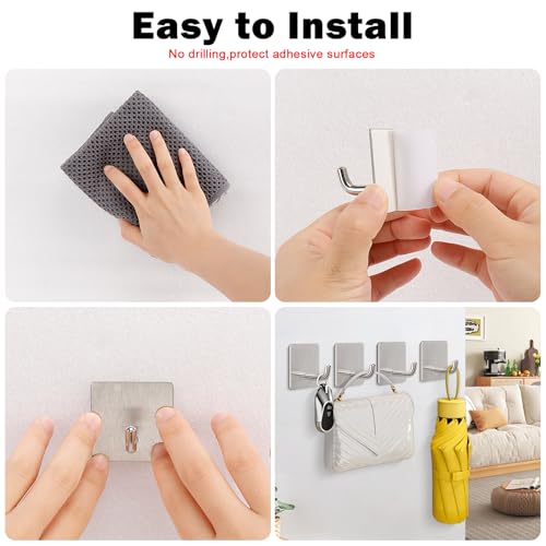 Livabber Adhesive Towel Hooks, 304 Stainless Steel Self Sticky Wall Hooks Waterproof Shower Hooks for Robe/Clothes, No Drilling Towel Hangers for Bathroom Kitchen Bedroom (Brushed Nickel, 6 Packs) - Image 5