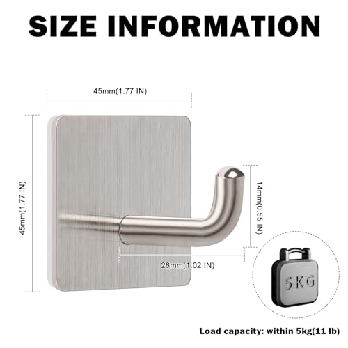 Livabber Adhesive Towel Hooks, 304 Stainless Steel Self Sticky Wall Hooks Waterproof Shower Hooks for Robe/Clothes, No Drilling Towel Hangers for Bathroom Kitchen Bedroom (Brushed Nickel, 6 Packs) - Image 2