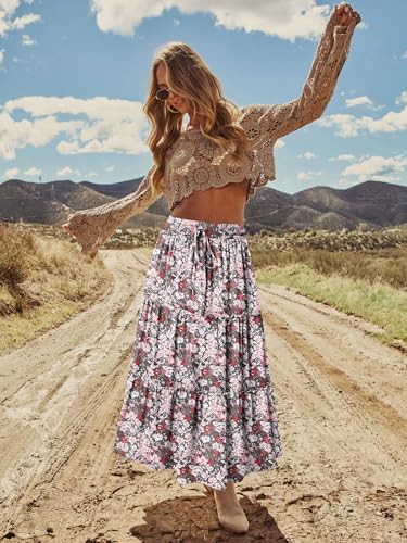 onlypuff Maxi Skirt for Women Boho Western Skirts High Waist Long Skirt with Pockets Fall Festival Outfits Clothing GreyPinkFlower XXL - Image 2