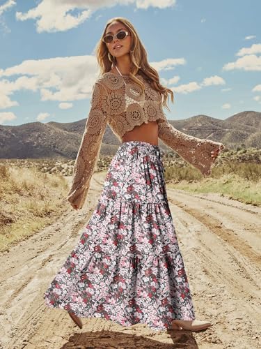 onlypuff Maxi Skirt for Women Boho Western Skirts High Waist Long Skirt with Pockets Fall Festival Outfits Clothing GreyPinkFlower XXL - Image 3