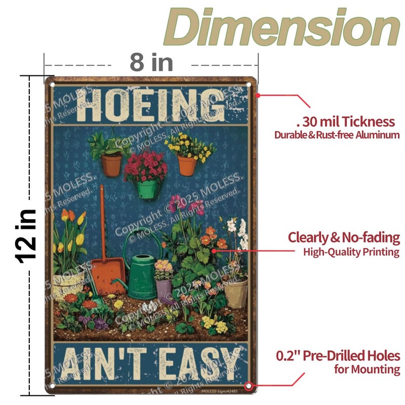 MOLESS Funny Garden Sign â€“ Hoeing Ainâ€™t Easy | 12x8â€³ Vintage Metal Sign for Outdoor Garden Decor - Comical Gardening Gift for Women & Plant Lovers, 2485 - Image 2