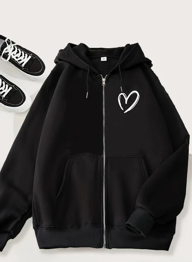 Take Two Black Heart Print Zip-Up Jacket