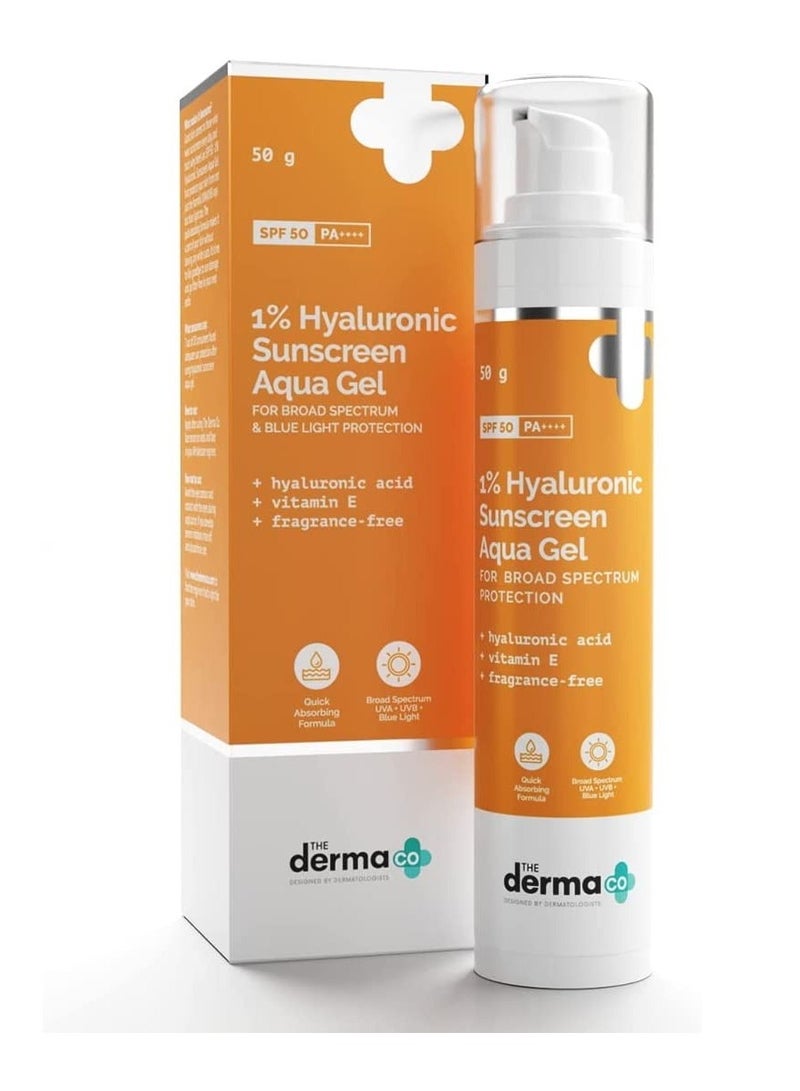 THE derma Co 1% Hyaluronic Sunscreen Aqua Ultra Light Gel with SPF 50 For Broad Spectrum UV A UV & Blue Light Protection 50gTHE derma Co 1% Hyaluronic Sunscreen Aqua Ultra Light Gel with SPF 50 For Broad Spectrum UV A UV & Blue Light Protection 50gTHE derma Co 1% Hyaluronic Sunscreen Aqua Ultra Light Gel with SPF 50 For Broad Spectrum UV A UV & Blue Light Protection 50g Two packs - Image 2