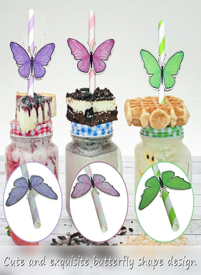 Ouliget Butterfly Stripe Paper Straws,Butterfly Floral Decor Disposable Party Straws,Drinking Straws Set for Valentine's Day, Brithday, New Year, Party Decoration Supplies,40 Pieces,Purple - Image 5