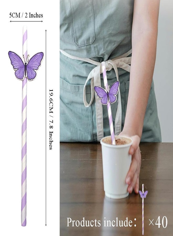 Ouliget Butterfly Stripe Paper Straws,Butterfly Floral Decor Disposable Party Straws,Drinking Straws Set for Valentine's Day, Brithday, New Year, Party Decoration Supplies,40 Pieces,Purple - Image 2