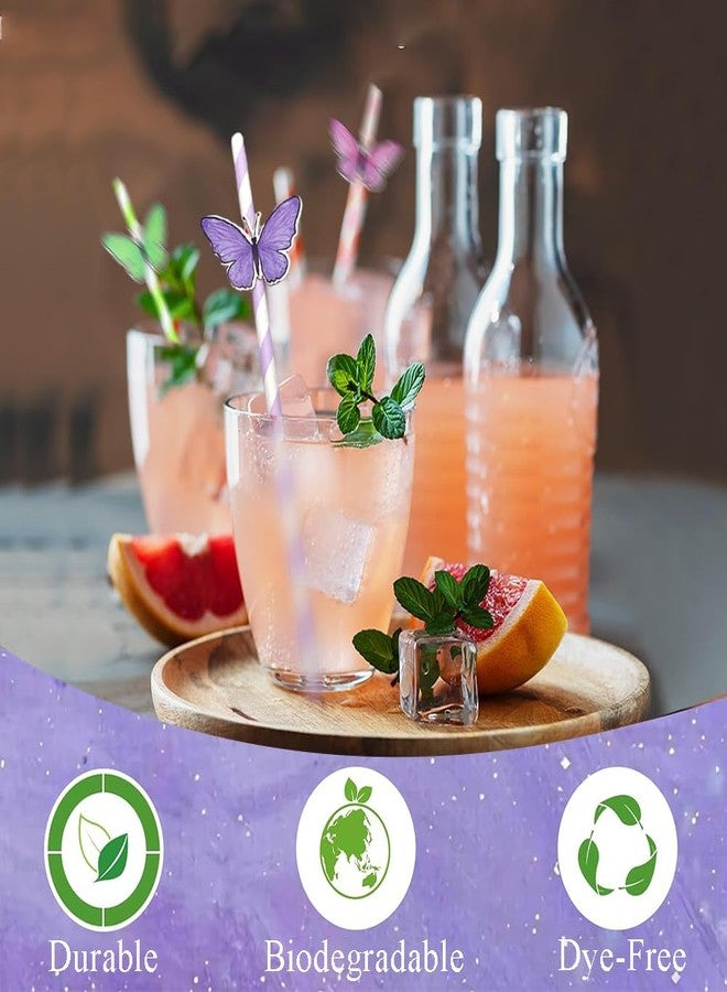 Ouliget Butterfly Stripe Paper Straws,Butterfly Floral Decor Disposable Party Straws,Drinking Straws Set for Valentine's Day, Brithday, New Year, Party Decoration Supplies,40 Pieces,Purple - Image 3