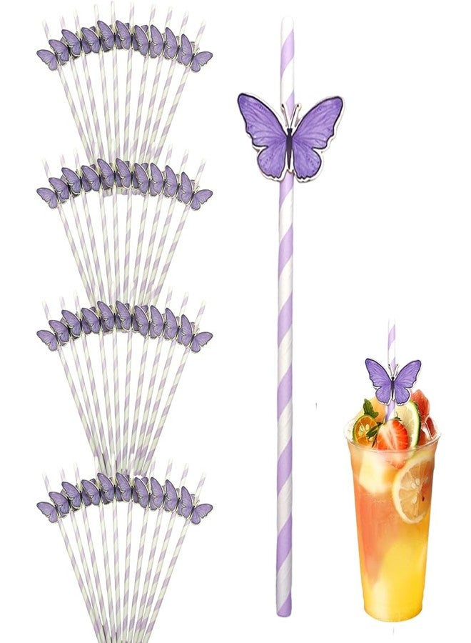 Ouliget Butterfly Stripe Paper Straws,Butterfly Floral Decor Disposable Party Straws,Drinking Straws Set for Valentine's Day, Brithday, New Year, Party Decoration Supplies,40 Pieces,Purple - Image 1