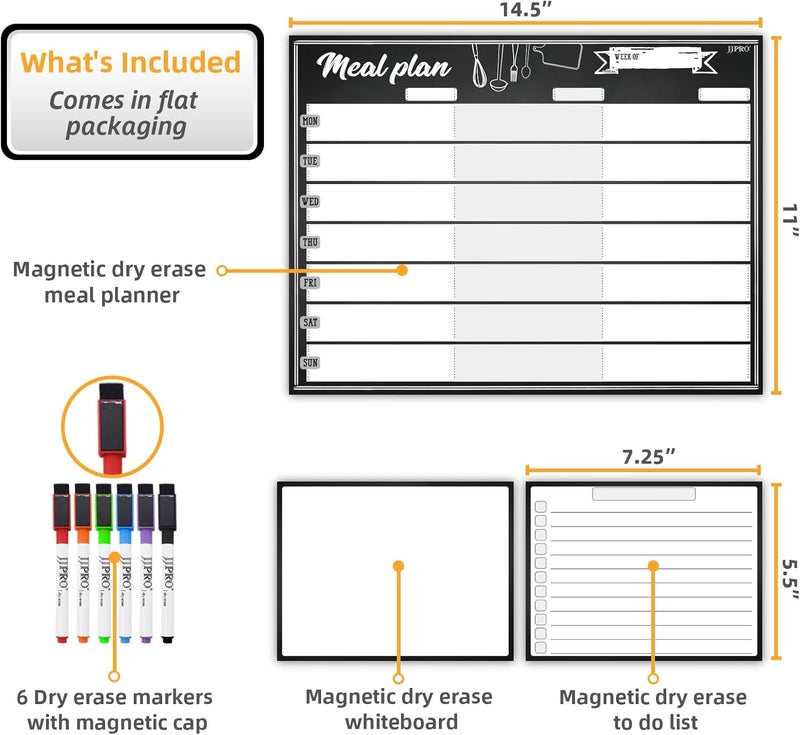 JJPRO Magnetic Dry Erase Meal Planning Whiteboard for Refrigerator-One 14.5x11 Weekly Menu Board and Two Notes Whiteboard for Kitchen Fridge-Refrigerator Organizer with Meal Planner Boards - Image 2