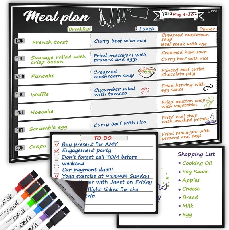 JJPRO Magnetic Dry Erase Meal Planning Whiteboard for Refrigerator-One 14.5x11 Weekly Menu Board and Two Notes Whiteboard for Kitchen Fridge-Refrigerator Organizer with Meal Planner Boards - Image 1