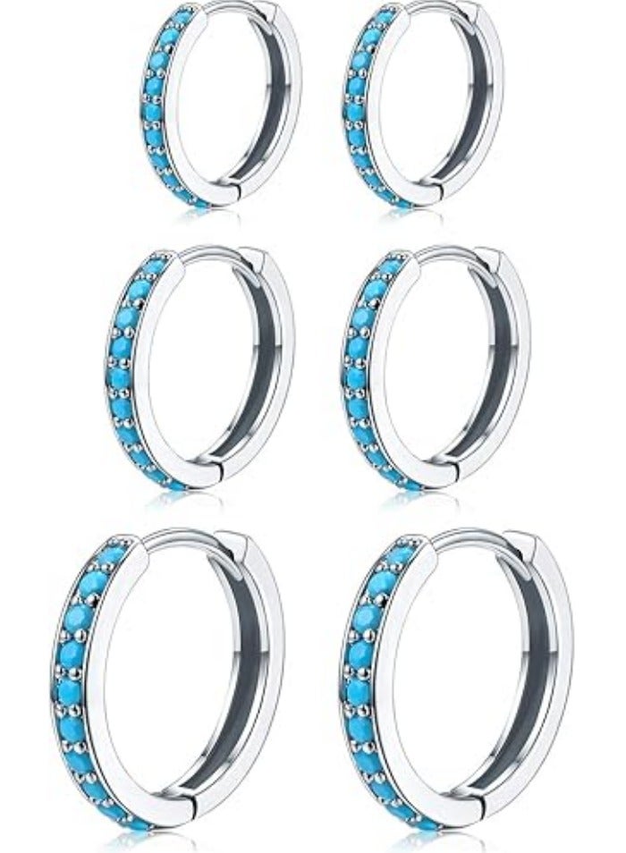 3 Pairs Mini Hoop Earrings Set Turquoise Cubic Zirconia Huggie Hoop Cartilage Earring Ear Cuff for Women - Image 1