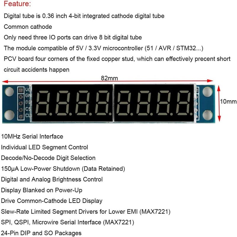 DEVMO 4pcs 8-Digit 7 Segment Module MAX7219 8 Bit Digital Segment Tube LED Display Module Supports Cascade Eight Bit Serial 3 IO Ports Compatible with Ar-duino MCU/51/AVR/STM32 - Image 4