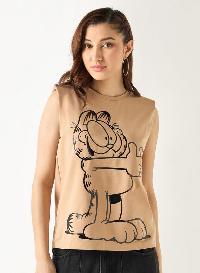 SP Characters Garfield Print Sleeveless T-shirt with Crew Neck - Image 1