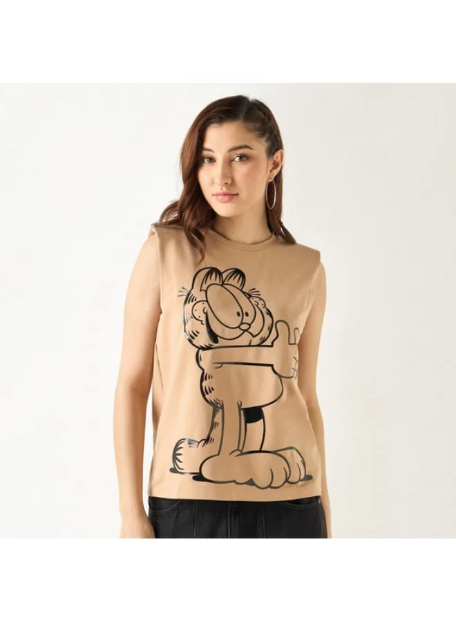SP Characters Garfield Print Sleeveless T-shirt with Crew Neck