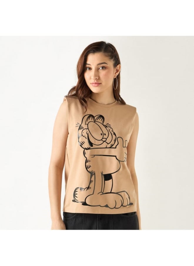 SP Characters Garfield Print Sleeveless T-shirt with Crew Neck  - Image 4