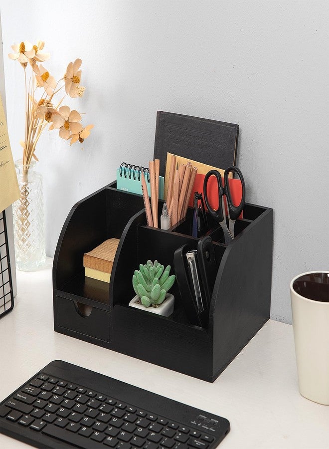 VERGOODR Office Desk Drawer Supply Organizer and Accessories, Wood Desk Organizer with 6 Compartments & 1 Drawer Binders Folder Papers Holder Pen Holder Office Desktop File Organizer (black) - Image 4