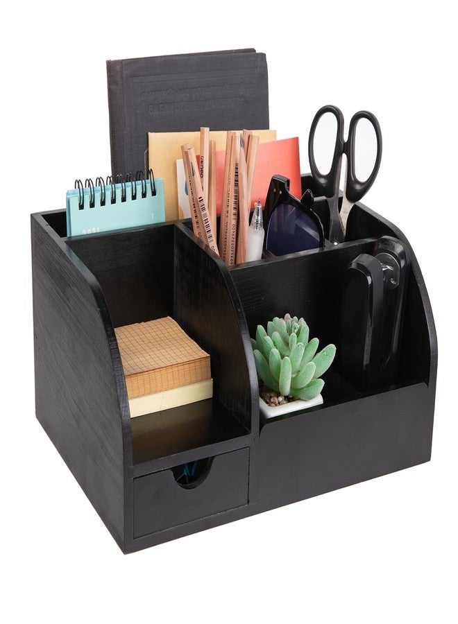 VERGOODR Office Desk Drawer Supply Organizer and Accessories, Wood Desk Organizer with 6 Compartments & 1 Drawer Binders Folder Papers Holder Pen Holder Office Desktop File Organizer (black) - Image 1