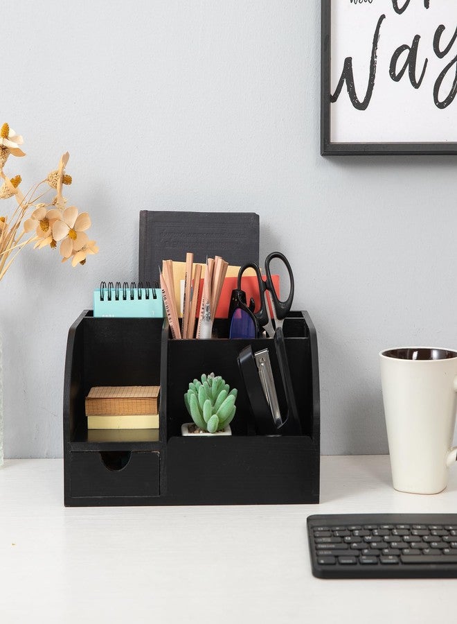 VERGOODR Office Desk Drawer Supply Organizer and Accessories, Wood Desk Organizer with 6 Compartments & 1 Drawer Binders Folder Papers Holder Pen Holder Office Desktop File Organizer (black) - Image 3