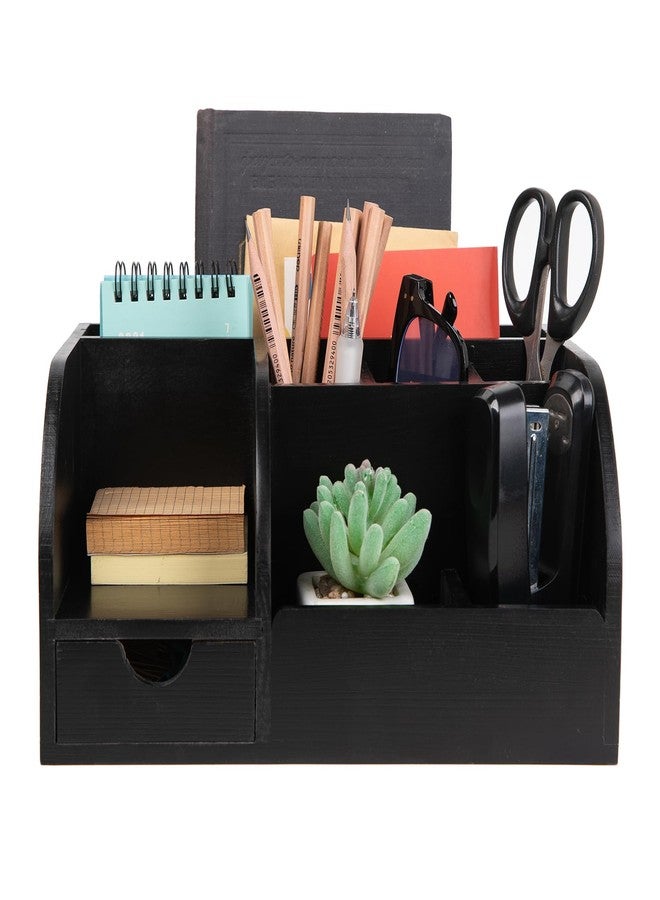 VERGOODR Office Desk Drawer Supply Organizer and Accessories, Wood Desk Organizer with 6 Compartments & 1 Drawer Binders Folder Papers Holder Pen Holder Office Desktop File Organizer (black) - Image 2