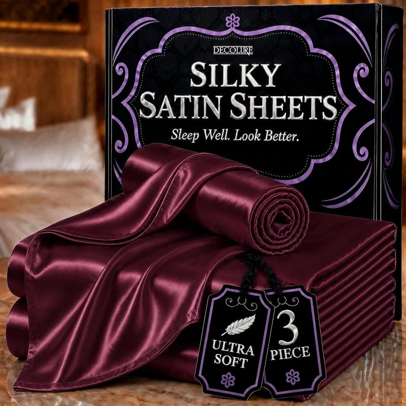 DECOLURE Satin Sheets Twin Size Set 3 Pcs - Silky & Luxuriously Soft Satin Bed Sheets w/ 15inch Deep Pocket - Similar to Silk Sheets - Double Stitching, Wrinkle Free (Rosewood) - Image 1