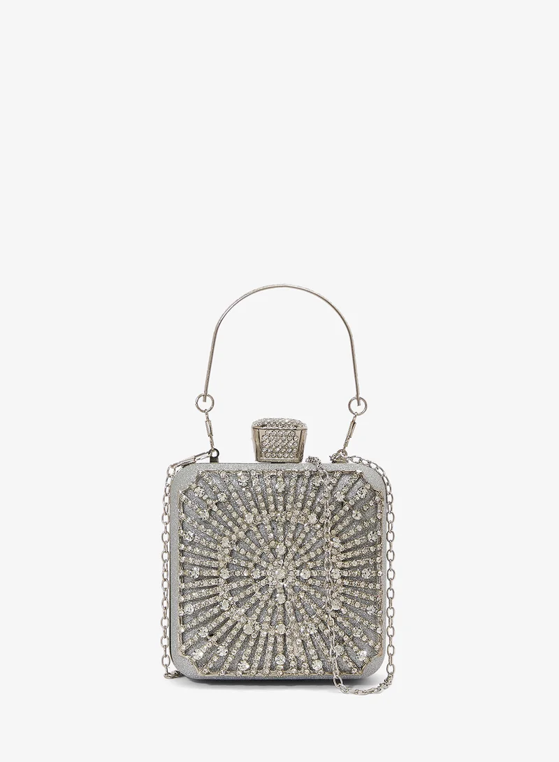 Silver Detailed Embellished Diamonte Handle Handbag