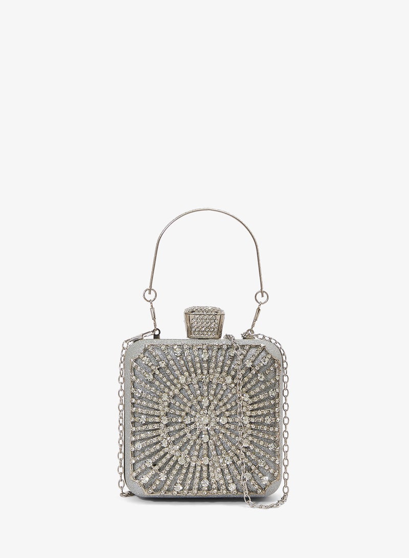 Khizana Silver Detailed Embellished Diamonte Handle Handbag - Image 1