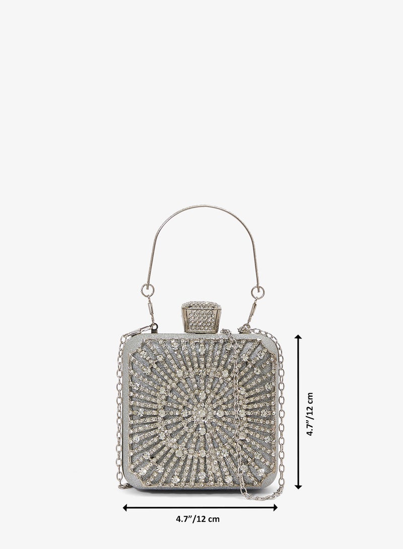 Khizana Silver Detailed Embellished Diamonte Handle Handbag - Image 5