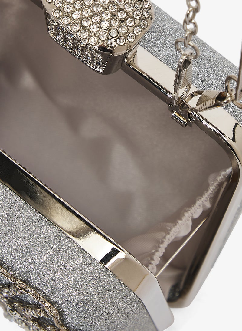 Khizana Silver Detailed Embellished Diamonte Handle Handbag - Image 4
