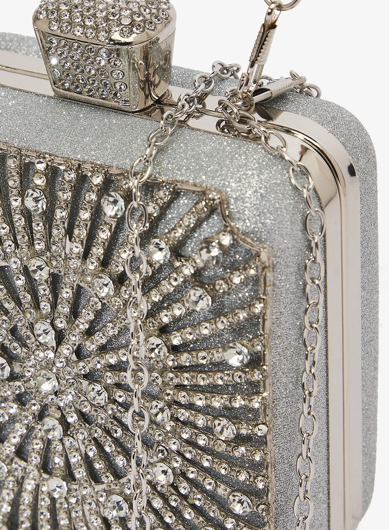 Khizana Silver Detailed Embellished Diamonte Handle Handbag - Image 3