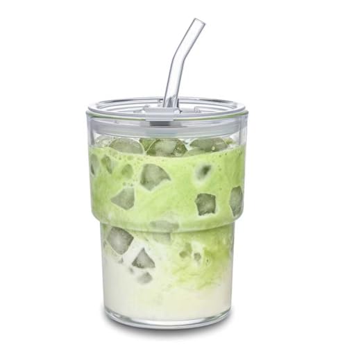 MINGHYZYA 13oz Glass Tumbler with Straw and Lid Sealed, Carry On Reusable Iced Coffee Cups,Thick Wall Glass Coffee Drinking Glassware Cups - Image 1