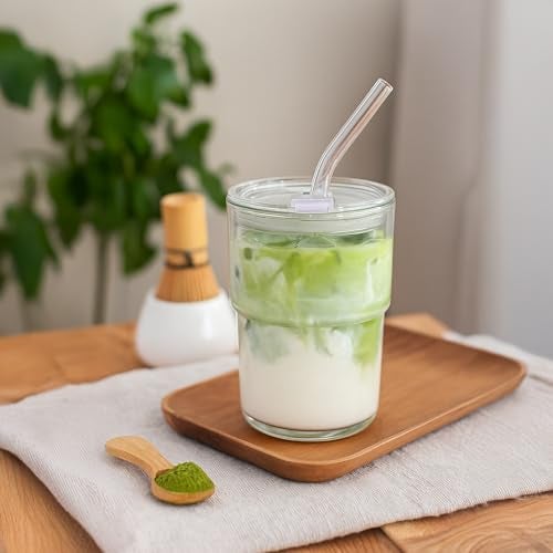MINGHYZYA 13oz Glass Tumbler with Straw and Lid Sealed, Carry On Reusable Iced Coffee Cups,Thick Wall Glass Coffee Drinking Glassware Cups - Image 2