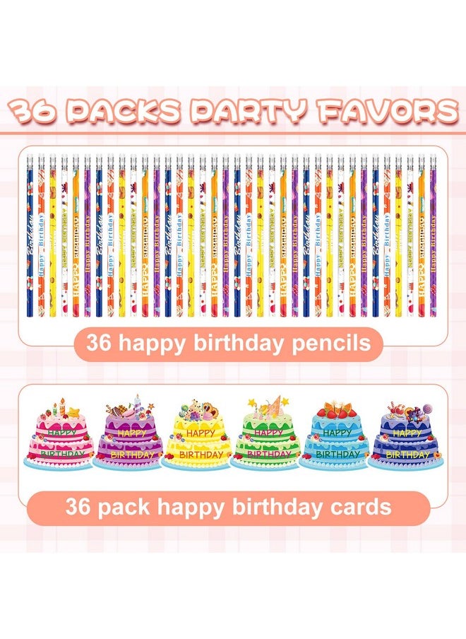 Panelee - 72 Pcs Happy Birthday Pencils And Greeting Cards Set Colorful Printed Birthday Pencils Bulk Birthday Certificates Happy Birthday Pencils With Top Erasers Birthday Cake Cutouts For Kids Party - Image 1