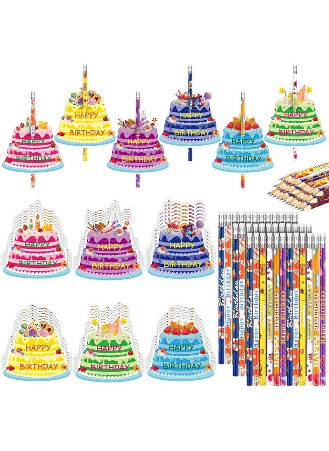 Panelee - 72 Pcs Happy Birthday Pencils And Greeting Cards Set Colorful Printed Birthday Pencils Bulk Birthday Certificates Happy Birthday Pencils With Top Erasers Birthday Cake Cutouts For Kids Party - Image 1