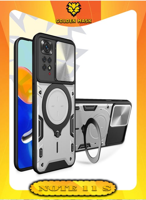 جولدن ماسك لهاتف شاومى ريدمى نوت 11/نوت 11اس (Xiaomi Redmi Note 11/Note 11S) جراب حماية مع باب جرار لحماية عدسة  الكاميرا المدرعة مدمج بزاوية 360 درجة - (فضى)