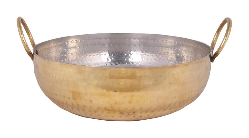 Pure Brass Cooking Round Bottom Karai, Handmade Hammered Pital ke Bartan, 1.5 Litre, Inside Nickle Kalai Coating, Cooking and Frying Utensil - Image 2