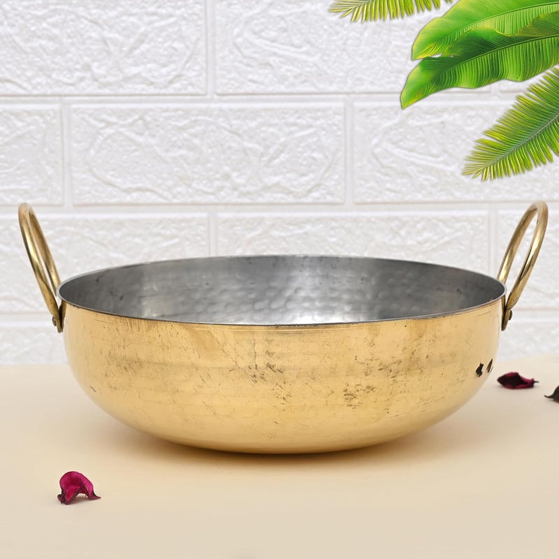 Pure Brass Cooking Round Bottom Karai, Handmade Hammered Pital ke Bartan, 1.5 Litre, Inside Nickle Kalai Coating, Cooking and Frying Utensil - Image 1