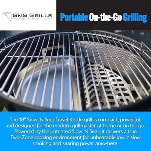 Slow 'N Sear SnS Grills Slow ‘N Sear Travel Kettle, 2-Zone Cook Charcoal Basket and Easy Spin 18” Grate - Portable Charcoal Grill for BBQ Cooking - Travel Kettle 18” - Image 4