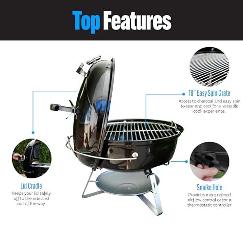Slow 'N Sear SnS Grills Slow ‘N Sear Travel Kettle, 2-Zone Cook Charcoal Basket and Easy Spin 18” Grate - Portable Charcoal Grill for BBQ Cooking - Travel Kettle 18” - Image 5