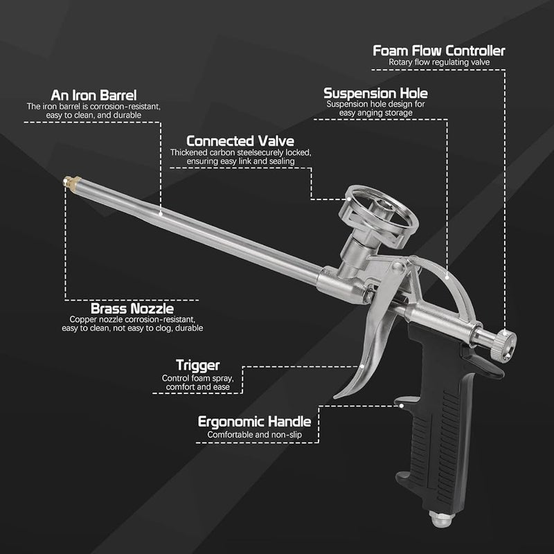 KASTWAVE Professional Expanding Foam Spray Gun with 10 Nozzles, PU Insulating Applicator Heavy Duty Metal Body, High Precision Foam Spray Application Gun, Caulking Gun Insulation for Caulking, Filling, Sealing - Image 3
