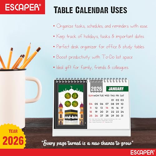 ESCAPER Islamic Desk Calendar 2026 – A5 Muslim Table Calendar with Allah & Ramadan, Decorative Islamic Calendar, Ideal Gift for Muslims - Image 5