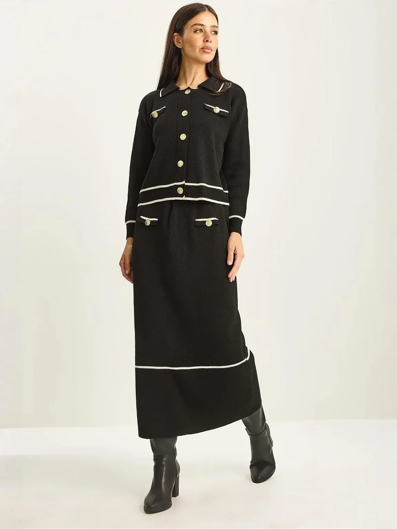 Bianco Lucci LUCCI Ribbed Knitwear Midi Two-Piece Set with Button Closure