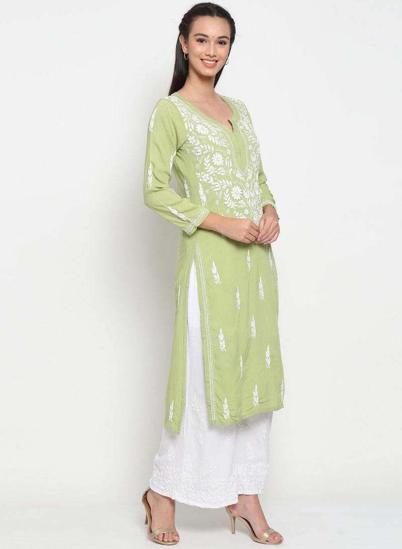 Alaya Women Hand Embroidered Chikankari Rayon Kurta-AL3451 - Image 3