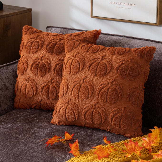 PUMPKIN FALL DECORATIVE THROW PILLOW COVERS 18X18 SET OF 2 RUST RED SOFT FAUX FUR PILLOW COVERS FOR AUTUMN HARVEST FLUFFY PLUSH ACCENT PILLOW CASES FOR FARMHOUSE COUCH CUSHION COVERS