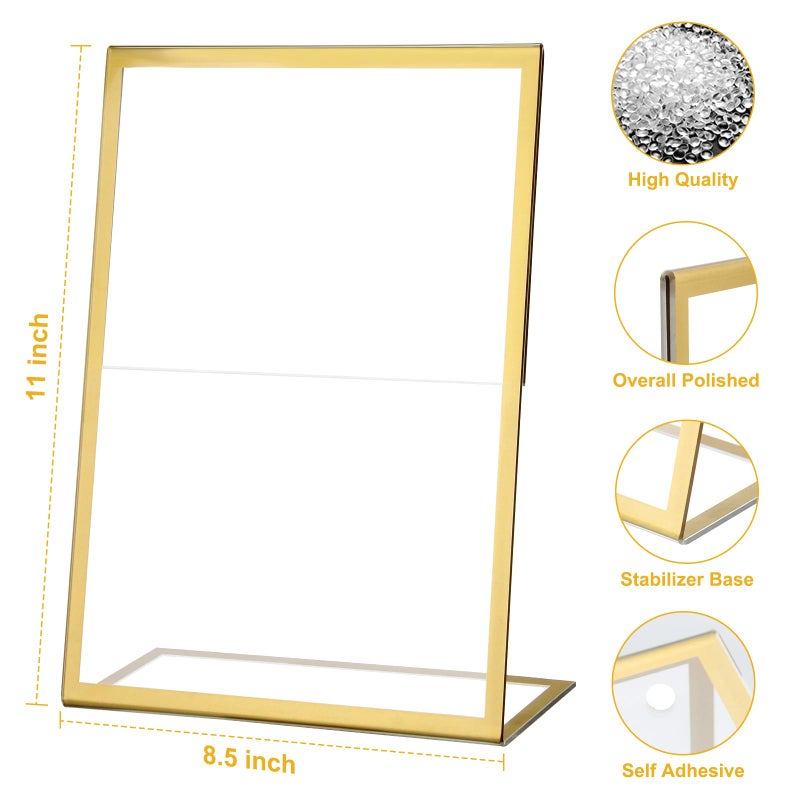 EHWINE 12 Pack Acrylic Sign Holder 8.5 x 11, Gold Picture Frame Stand up Table Top Sign Holders, Slanted Back Paper Holder Clear Display Stand Menu Flyer Holder for Wedding Party - Image 3