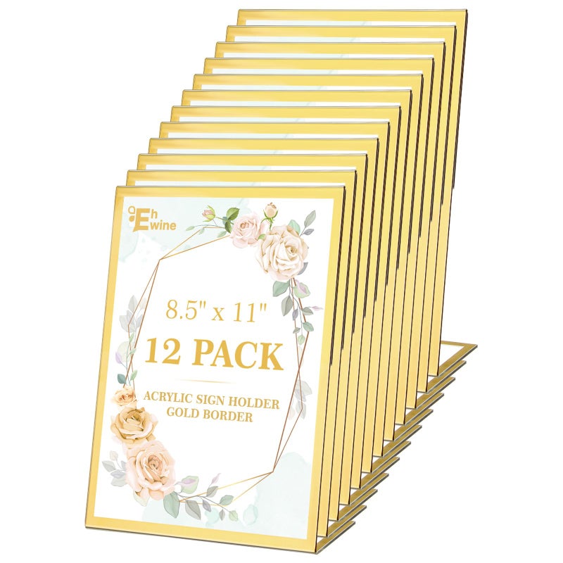 EHWINE 12 Pack Acrylic Sign Holder 8.5 x 11, Gold Picture Frame Stand up Table Top Sign Holders, Slanted Back Paper Holder Clear Display Stand Menu Flyer Holder for Wedding Party - Image 1