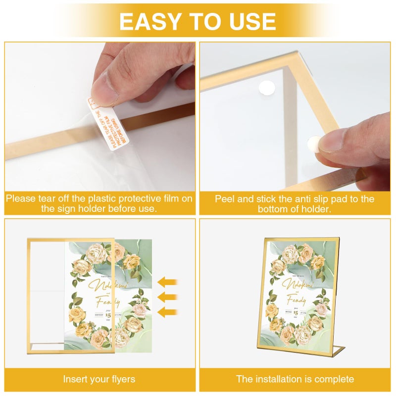 EHWINE 12 Pack Acrylic Sign Holder 8.5 x 11, Gold Picture Frame Stand up Table Top Sign Holders, Slanted Back Paper Holder Clear Display Stand Menu Flyer Holder for Wedding Party - Image 4
