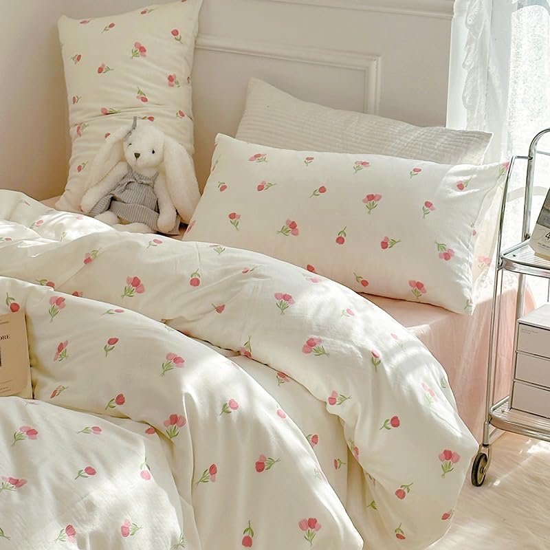Bildenly Duvet Cover Twin Size White Pink Floral Bedding Set Tulip Pattern Soft Microfiber Comforter Cover with Zipper Closure 2Pcs Garden Style Duvet Cover Set for Girls Women with Pillow Sham - Image 1
