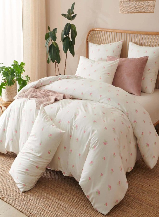 Bildenly Duvet Cover Twin Size White Pink Floral Bedding Set Tulip Pattern Soft Microfiber Comforter Cover with Zipper Closure 2Pcs Garden Style Duvet Cover Set for Girls Women with Pillow Sham - Image 4