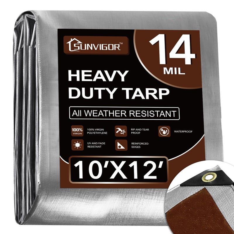Sunvigor Tarp Waterproof 10x12Ft Heavy Duty Tarp Cover Extra Thick 14 Mil Tear and UV Resistant Outdoor Tarps with Grommets and Reinforced Edges for Roof Camping Patio Pool Boat