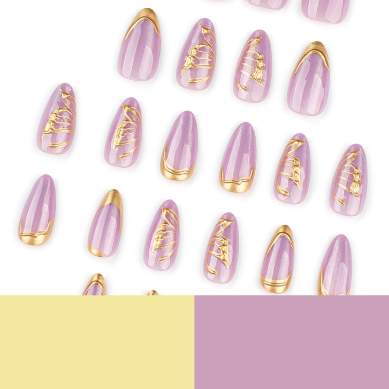أظافر صناعية مضغوطة بشكل لوز متوسط مع تصميم فراشة رائع - 24 قطعة - Image 4