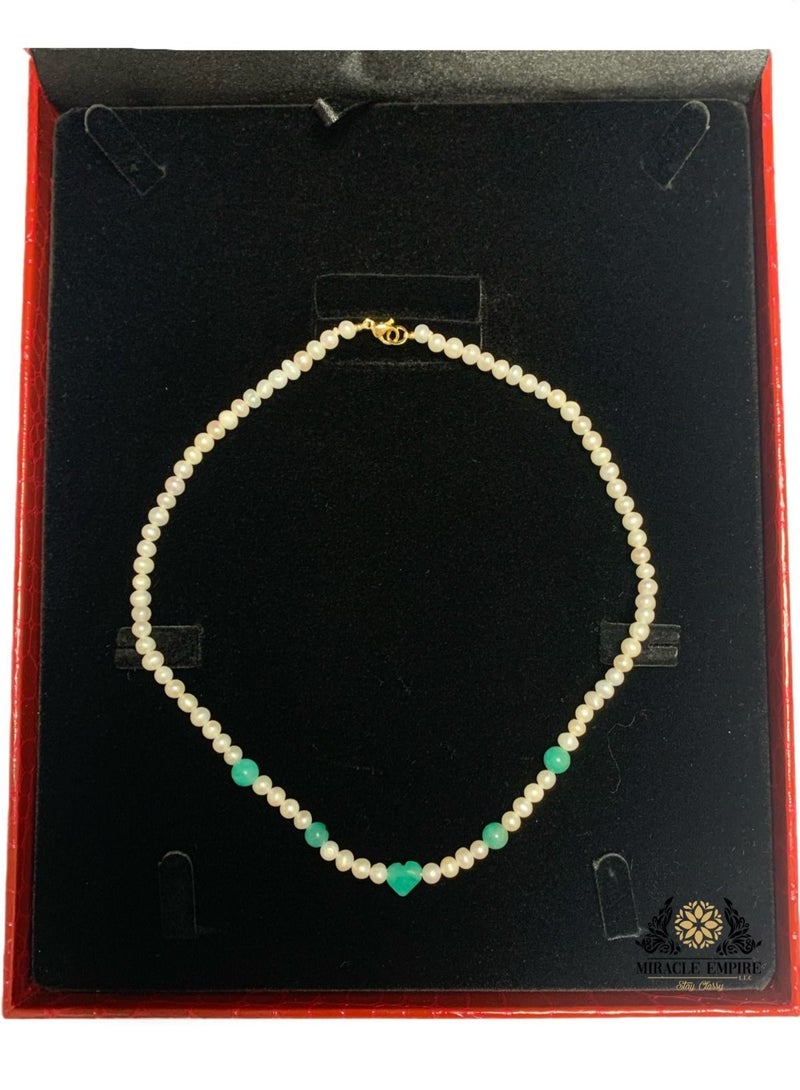 Miracle Empire Unique And Exclusive Woman Necklace Girls Teens Handmade Of Natural 6-7mm Pearls, 5 Emeralds, Middle Heart Shape A 18k Gold Plated Clasp.  - Image 2
